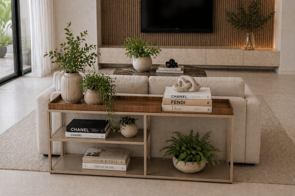 Sofa Table Mali en Nogueira con Estructura Metal Champagne