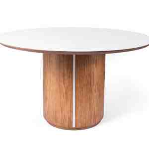 Mesa Moon redonda moderna con base escultórica en madera almendra