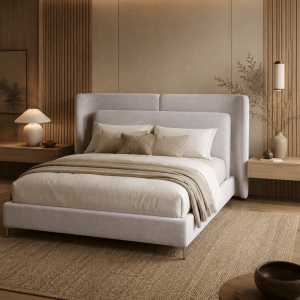 Cama Cloud tapizada color gris claro con cabecero volumétrico contemporáneo y diseño minimalista elegante