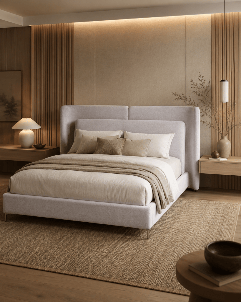 Cama Cloud tapizada color gris claro con cabecero volumétrico contemporáneo y diseño minimalista elegante