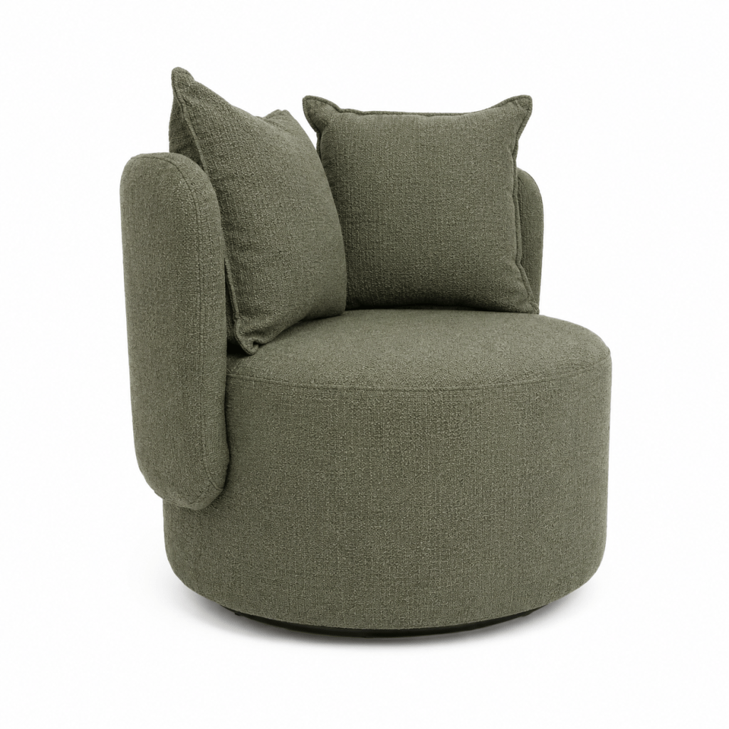 Poltrona Luna giratoria vista lateral verde con cojines en tela color verde