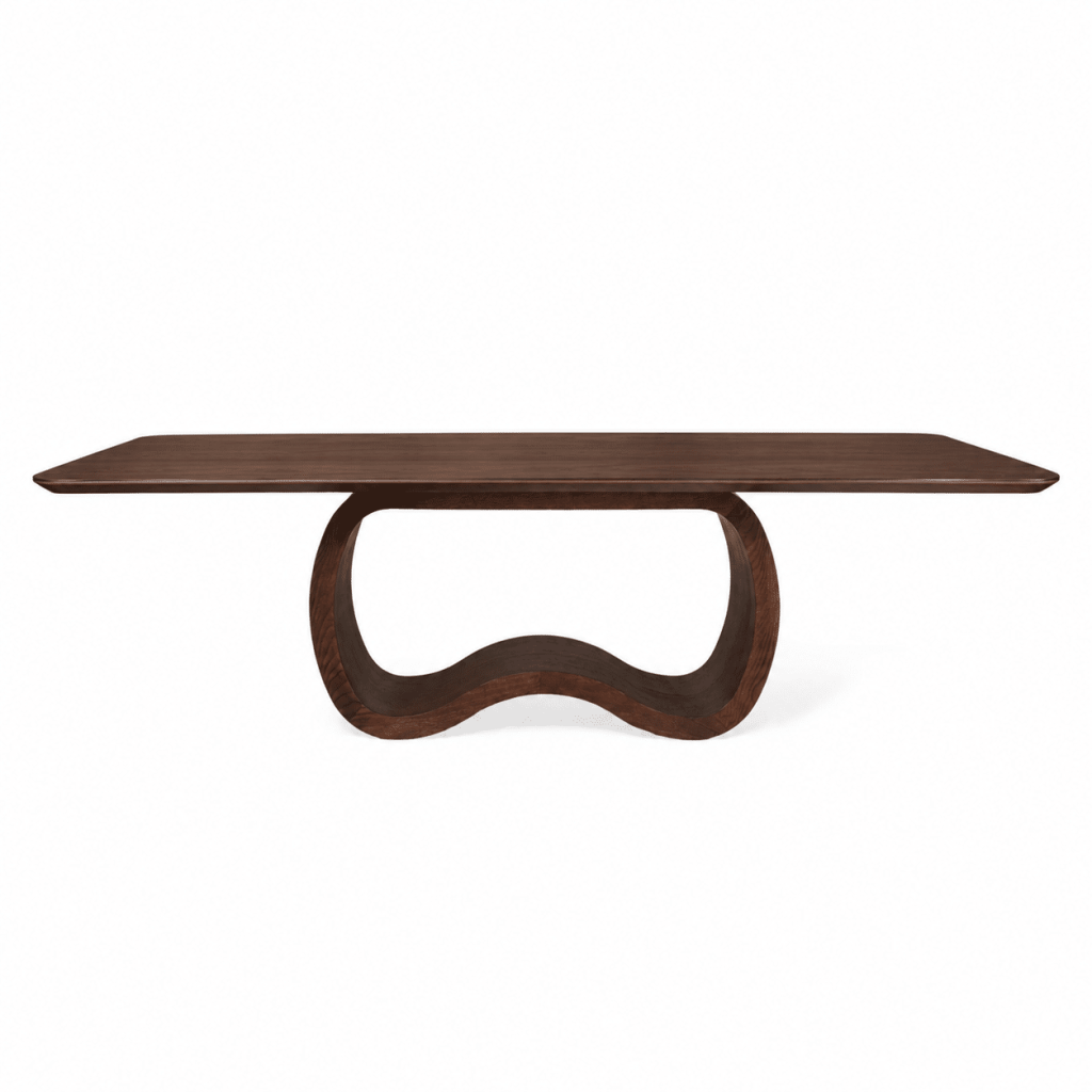 Mesa de comedor Sinousa con base escultórica en madera Noz y tope de madera Noz, detalle del diseño curvo y acabado natural.