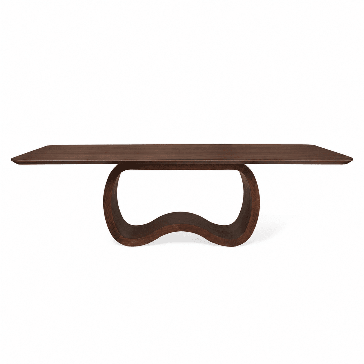 Mesa de comedor Sinousa con base escultórica en madera Noz y tope de madera Noz, detalle del diseño curvo y acabado natural.