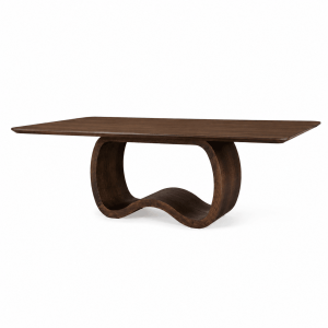 Mesa de comedor Sinousa con base escultórica en madera Noz y tope de madera Noz, detalle del diseño curvo y acabado natural.