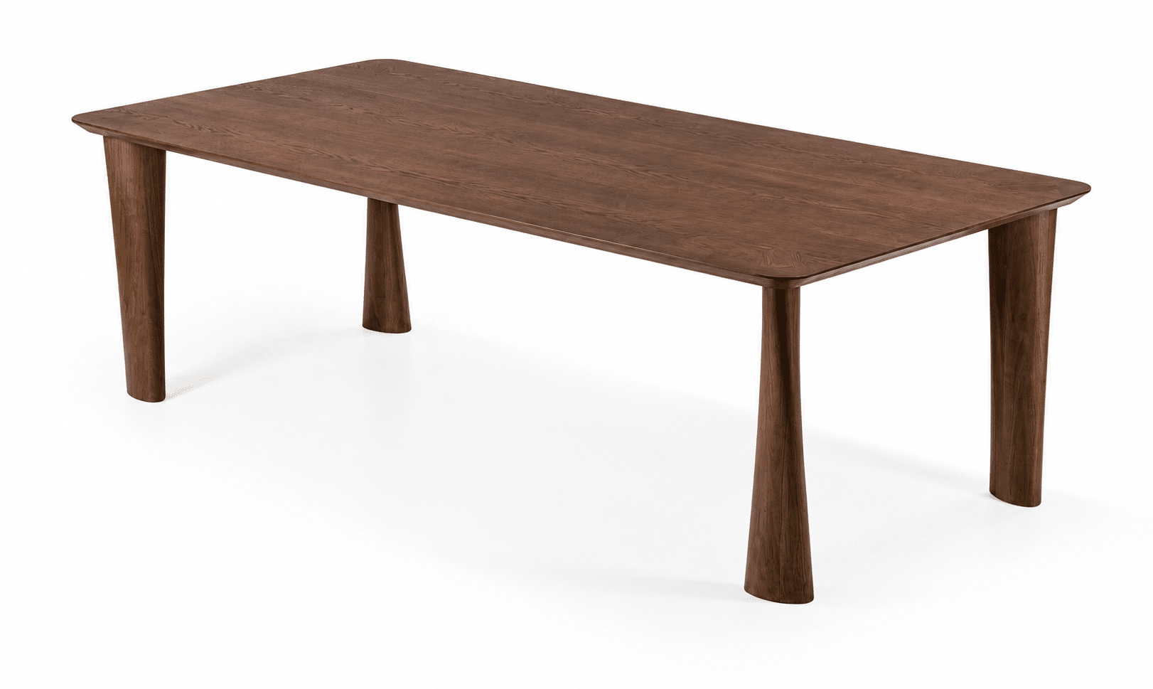 Mesa de comedor Torna de 2.70 metros en acabado de madera Noz con patas torneadas de diseño escultórico, ideal para 12 personas.