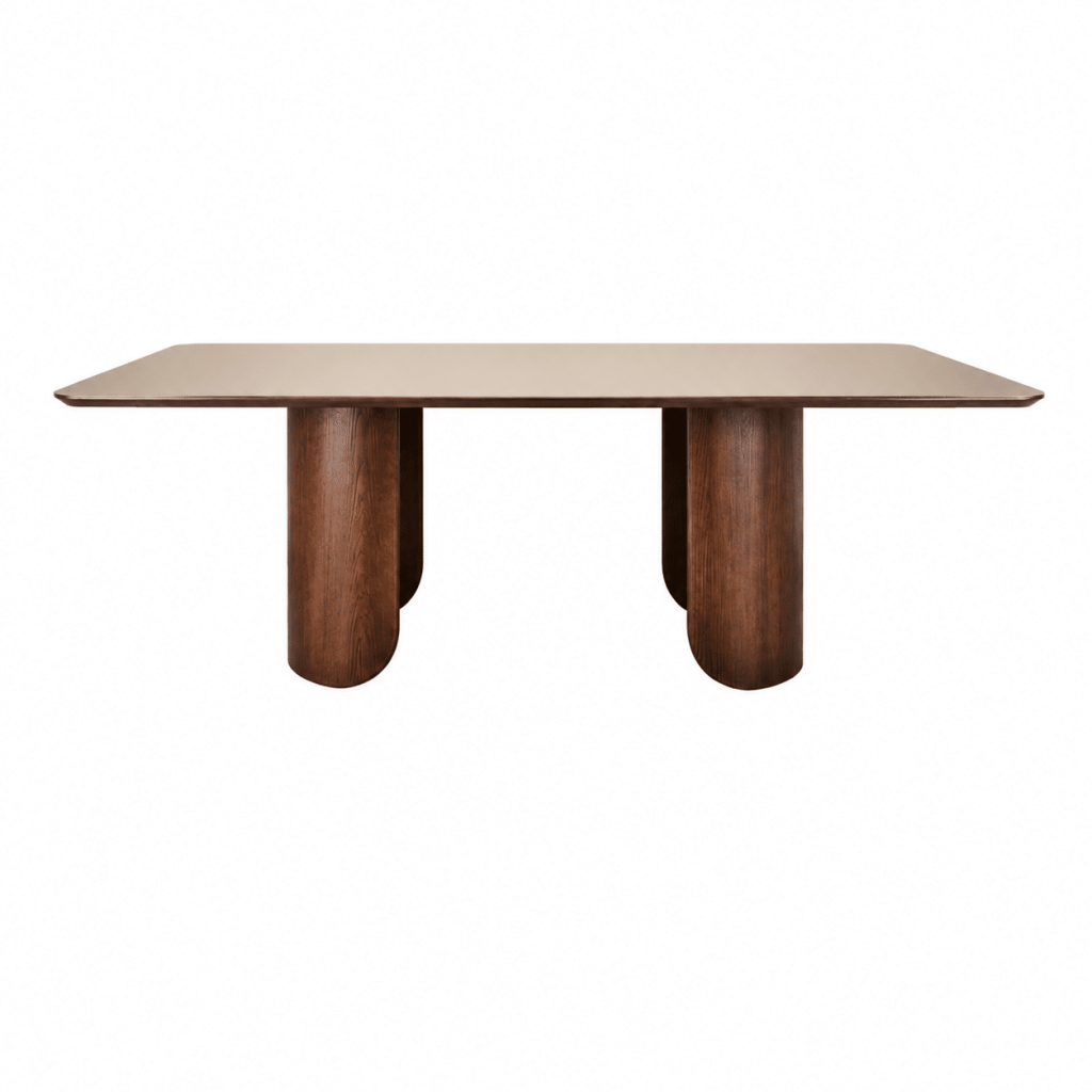 mesa de comedor de madera con vidrio